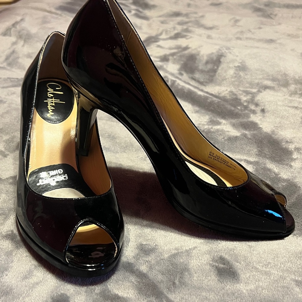 Cole Haan Black Patent Leather Peep Toe Heels Size 8.5 Nike Air Technology
